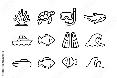 Marine Icon Collection. Outline icon set of marine eco-tourism: coral reef, turtle, snorkel mask, whale, boat,
