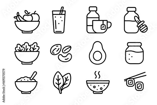 Healthy Nutrition Icons. Outline icon set of healthy nutrition for self-care: fruit bowl, smoothie glass, herbal tea, water bottle
