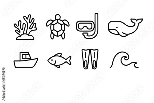 Marine Icon Collection. Outline icon set of marine eco-tourism: coral reef, turtle, snorkel mask, whale, boat,