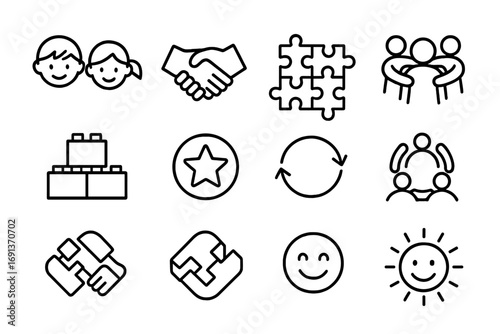 Teamwork Icon Grid. Outline icon set of teamwork in building play: two children icons, handshake, shared