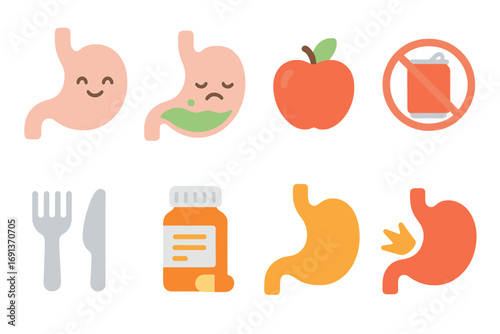 Healthy vs. Unhealthy Stomach. Flat vector mini-illustrations Healthy vs. unhealthy stomach in colors children's illustrations: