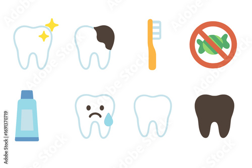 Healthy vs. Unhealthy Teeth and Eyes. Flat vector mini-illustrations Healthy vs. unhealthy teeth in colors children's