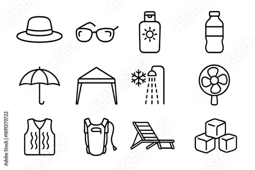 Heat Stress Prevention Icons. Outline icon set of heat stress prevention: wide-brim hat, sunglasses, sunscreen bottle, water