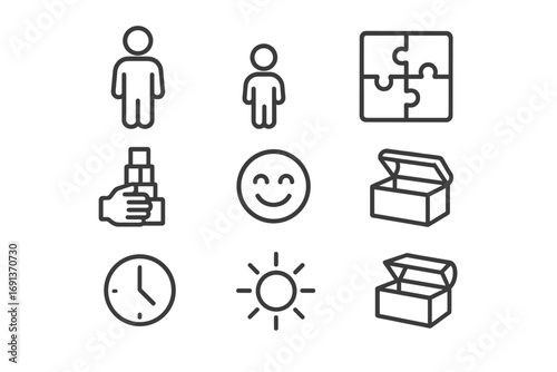 Family Playtime Icons. Outline icon set of family playtime with puzzles: parent icon, child icon, puzzle board