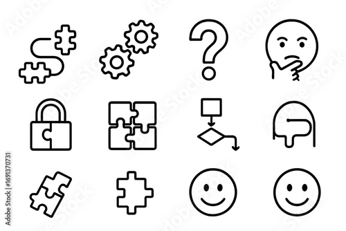 Problem-Solving Icons Grid. Outline icon set of problem-solving play: puzzle path, gears turning, question