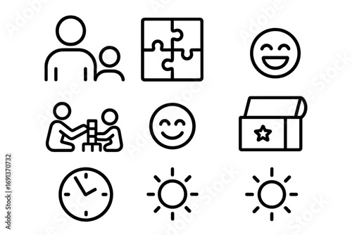 Family Playtime Icons. Outline icon set of family playtime with puzzles: parent icon, child icon, puzzle board