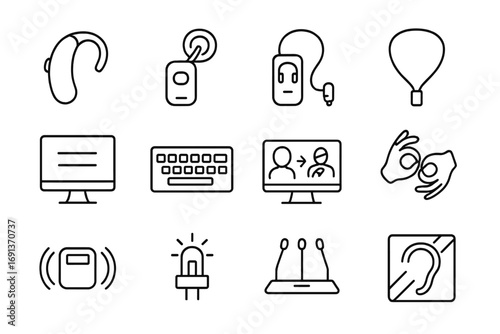 Hearing Assistance Icons. Outline icon set of Hearing accommodations: hearing aid symbol, cochlear implant processor, assistive