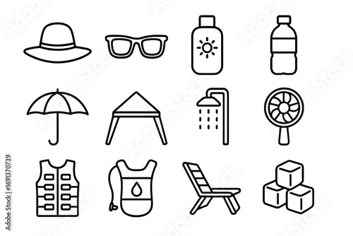 Heat Stress Prevention Icons. Outline icon set of heat stress prevention: wide-brim hat, sunglasses, sunscreen bottle, water