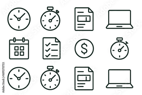 Time and Billing Icons. Outline icon set of time tracking and billing: clock, stopwatch, invoice, laptop,