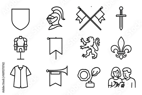 Heraldry Icon Set. Outline icon set of Heraldry & armory displays: coat of arms shield, crested helmet, crossed banners,