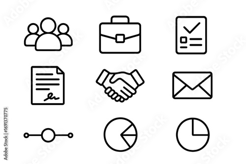 Client Management Icons. Outline icon set of managing multiple clients: group of people, briefcase, checklist,