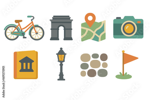 Historic Landmark Bike Tour. Flat vector mini-illustrations Historic landmark bike tour in colors children's illustrations: