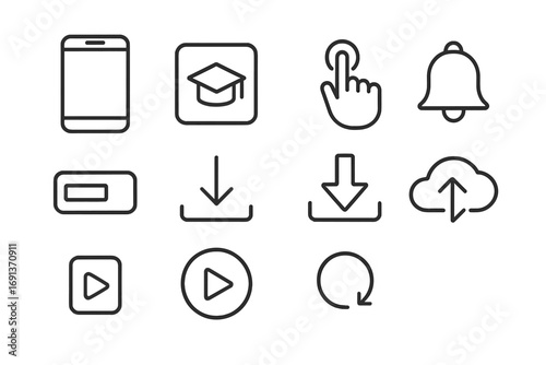 Mobile Learning Icons. Outline icon set of mobile learning apps: smartphone, app icon, touch gesture,