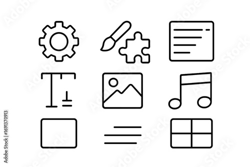 Customization Icon Set. Outline icon set of content customization: settings gear, paintbrush, puzzle icon,