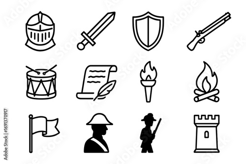 Historical Reenactment Icons. Outline icon set of historical reenactments: knight helmet, sword, shield, musket, drum, quill pen,