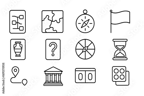 History & Geography Icons. Outline icon set of history and geography games: timeline cards, map puzzle, compass, country flag,