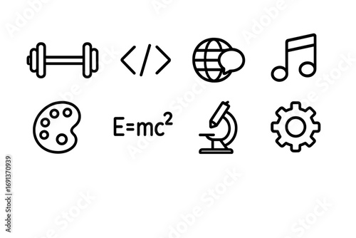 Skill Icons Grid. Outline icon set of skill development platforms: barbell, coding bracket, language globe,