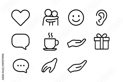 Emotional Support Icons. Outline icon set of emotional support roles: heart, hug icon, smiley face, listening