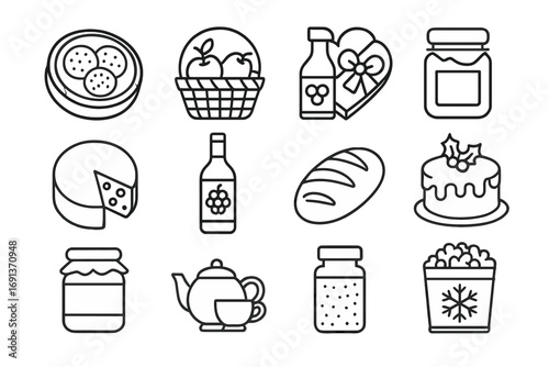 Holiday Food Icon Set. Outline icon set of Holiday food gift exchange: cookie tin, fruit basket, chocolate box, jar of honey,