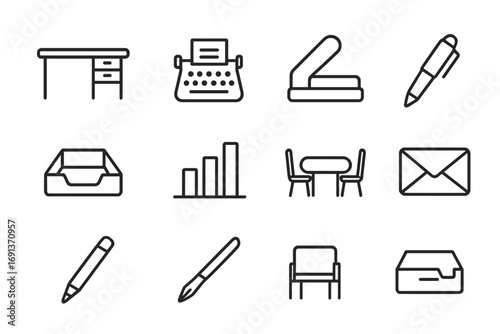 Office Tool Icons. Outline icon set of temporary work substitution: office desk, typewriter, stapler, pen,