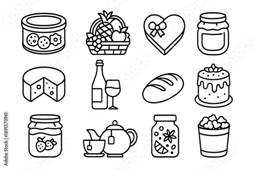 Holiday Food Icon Set. Outline icon set of Holiday food gift exchange: cookie tin, fruit basket, chocolate box, jar of honey,