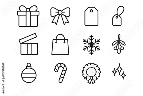 Holiday Gift Icon Set. Outline icon set of Holiday gift exchange basics: wrapped gift box, ribbon bow, gift tag, open gift box,