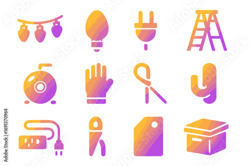 Holiday Lights Icon Set. Gradient icons set of taking down holiday lights: string lights, bulb, plug, ladder, storage reel, gloves