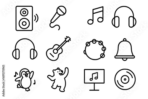 Holiday Music Icons. Outline icon set of holiday music and fun: speaker, microphone, music notes, headphones, guitar, tambourine,