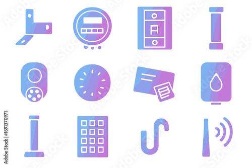 Home Charging Icons Collection. Gradient icons set of home charging station components: mounting bracket, electrical meter,