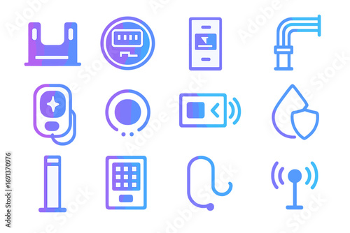 Home Charging Icons Collection. Gradient icons set of home charging station components: mounting bracket, electrical meter,