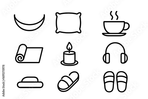 Relaxation Icon Set. Outline icon set of giving rest and relaxation: hammock, bed, pillow, tea cup, yoga mat,