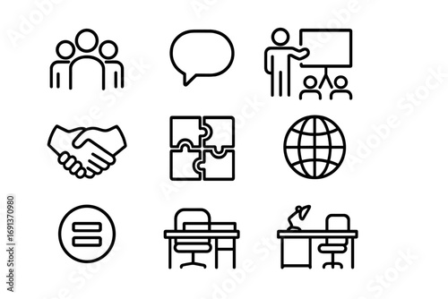 Diversity Training Icons. Outline icon set of workplace diversity training: group of people, speech bubble,
