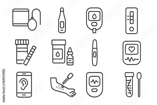 Home Diagnostic Kit Icons. Outline icon set of Home diagnostic kits: blood pressure cuff, thermometer, glucose monitor, rapid
