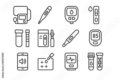 Home Diagnostic Kit Icons. Outline icon set of Home diagnostic kits: blood pressure cuff, thermometer, glucose monitor, rapid