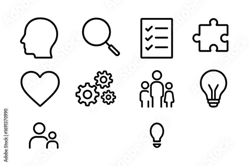 Unconscious Bias Icons. Outline icon set of unconscious bias training: human head, magnifying glass, checklist