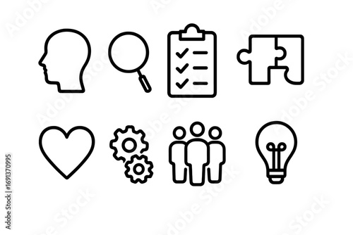 Unconscious Bias Icons. Outline icon set of unconscious bias training: human head, magnifying glass, checklist
