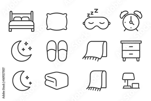 Napping Icon Set. Outline icon set of napping moments: bed, pillow, sleeping mask, alarm clock, moon icon,