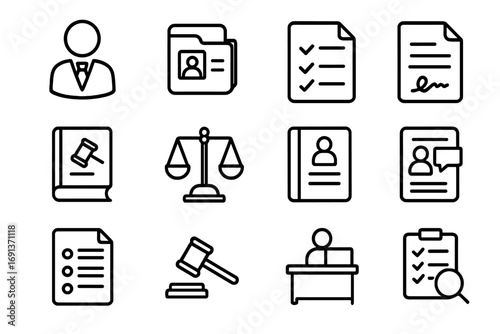 HR Policy Icons. Outline icon set of HR and policy enforcement: HR manager, employee file folder, compliance checklist, document