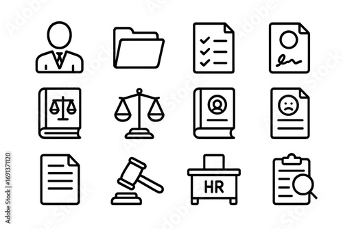 HR Policy Icons. Outline icon set of HR and policy enforcement: HR manager, employee file folder, compliance checklist, document