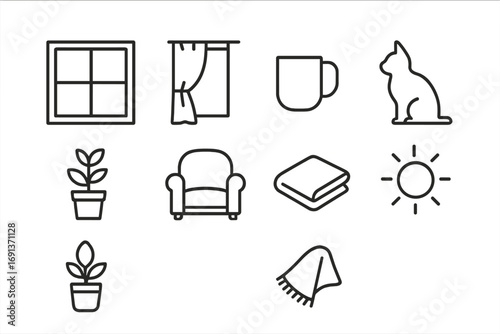 Cozy Window Icons. Outline icon set of peaceful window view: window frame, curtain, coffee mug, cat, potted