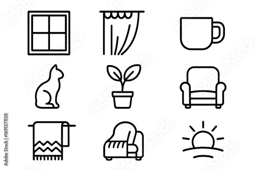 Cozy Window Icons. Outline icon set of peaceful window view: window frame, curtain, coffee mug, cat, potted