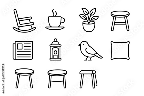 Quiet Balcony Icons. Outline icon set of quiet balcony time: rocking chair, coffee cup, potted plant, small