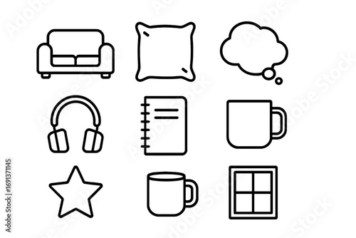 Relaxation Icons Grid. Outline icon set of restful daydreaming: sofa, pillow, thought bubble, headphones,