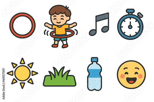Hula Hoop Fun. Flat vector mini-illustrations Hula hoop challenge in colors children's illustrations: hula hoop, spinning child,