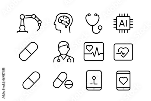 AI Healthcare Icons. Outline icon set of AI-powered healthcare: robotic surgery arm, brain scan, stethoscope,