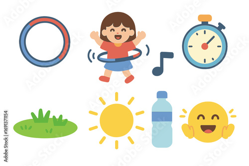 Hula Hoop Fun. Flat vector mini-illustrations Hula hoop challenge in colors children's illustrations: hula hoop, spinning child,
