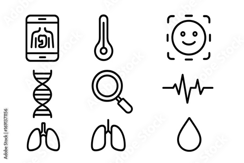 Digital Diagnostics Icons Set. Outline icon set of digital diagnostics: smartphone with scan, thermometer, AI