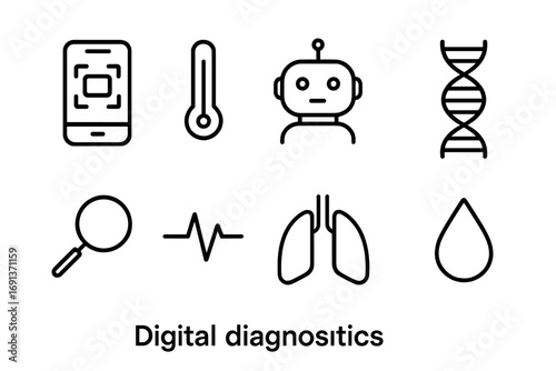 Digital Diagnostics Icons Set. Outline icon set of digital diagnostics: smartphone with scan, thermometer, AI