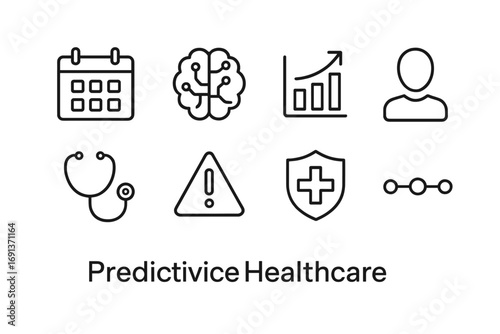 Predictive Healthcare Icons. Outline icon set of predictive healthcare: calendar, AI brain, bar chart, patient