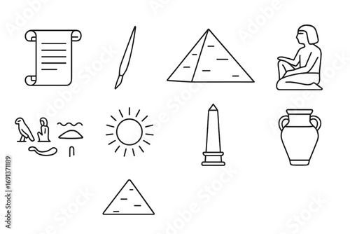 Ancient Egypt Icon Set. Outline icon set of ancient Egyptian schools: papyrus scroll, reed pen, pyramid,